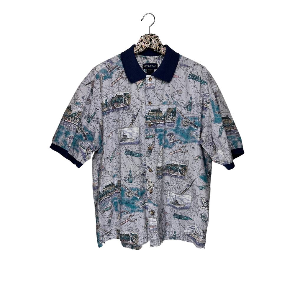 Sportif XL Vintage Fisherman Print Cotton Button Down Shirt - Nautical Casual